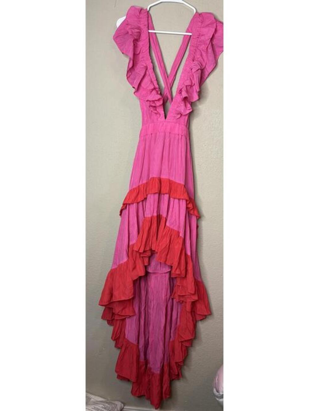 DO+BE Pink and Red Ruffle High-Low Maxi Dress Size S
